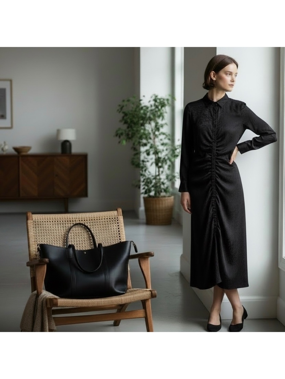 Halogen Black Jacquard Ruched Midi Shirt Dress Long Sleeve Size